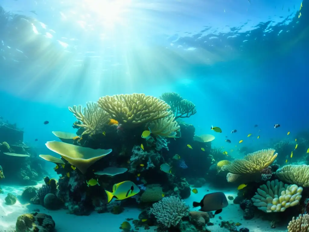 Un vibrante arrecife de coral lleno de vida marina, con peces, tortugas y anémonas