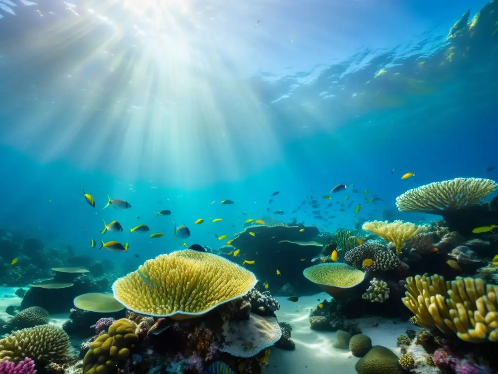 Un vibrante arrecife de coral lleno de vida marina y plantas marinas, con un patrón hipnotizante de luz solar