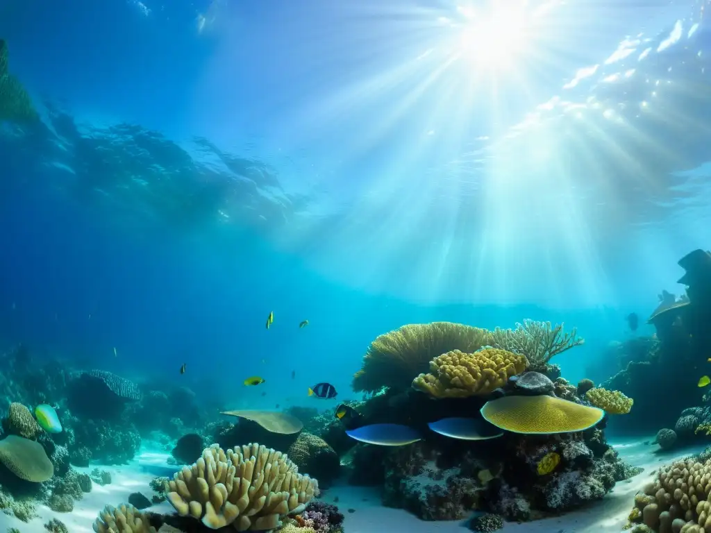 Un vibrante arrecife de coral lleno de vida marina, con peces coloridos, tortugas marinas y plantas ondulantes