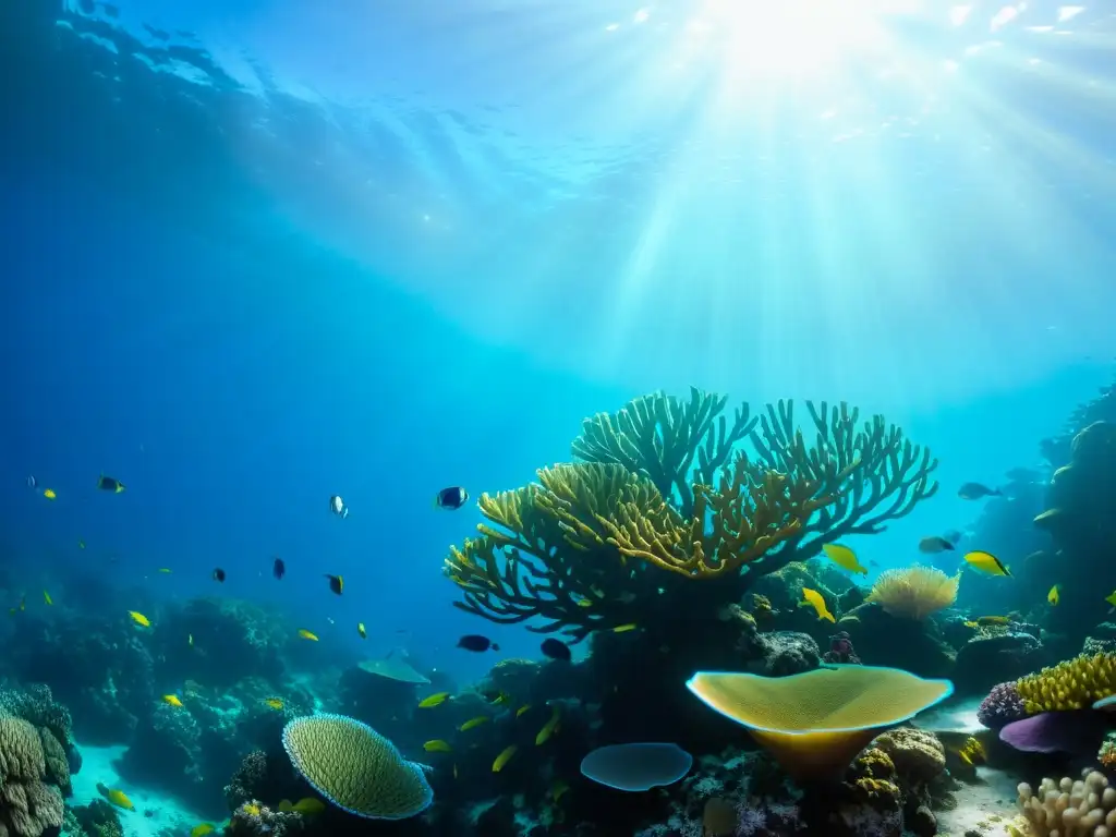 Un vibrante arrecife de coral lleno de vida marina, con peces coloridos, plantas marinas y formaciones de coral