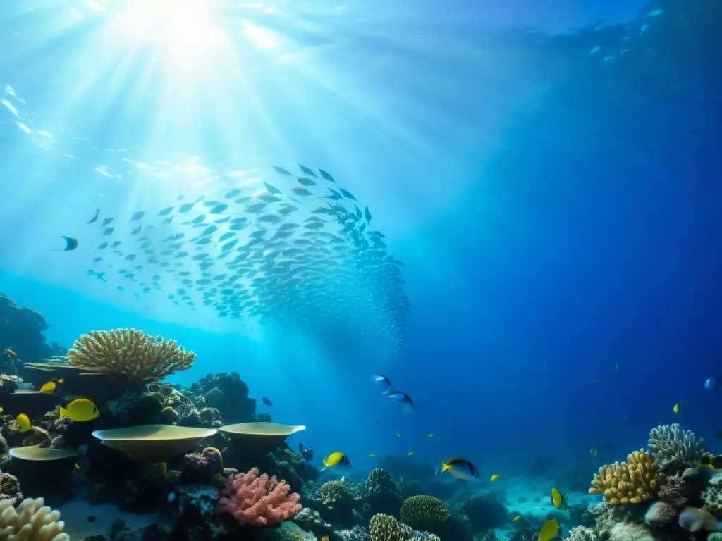 Un vibrante arrecife de coral lleno de peces coloridos bajo el agua azul zafiro