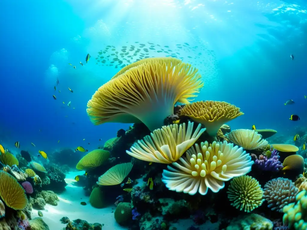 Un vibrante arrecife de coral lleno de vida marina, con peces tropicales en un espectáculo de colores