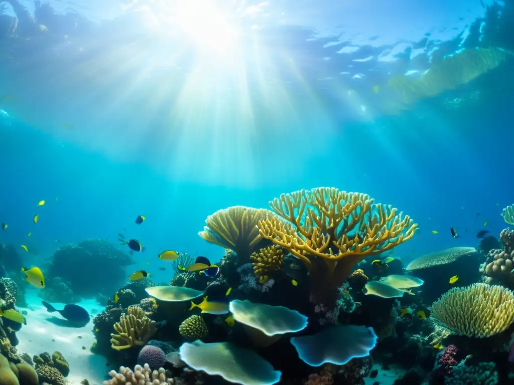 Un vibrante arrecife de coral lleno de vida, con corales de colores y peces tropicales