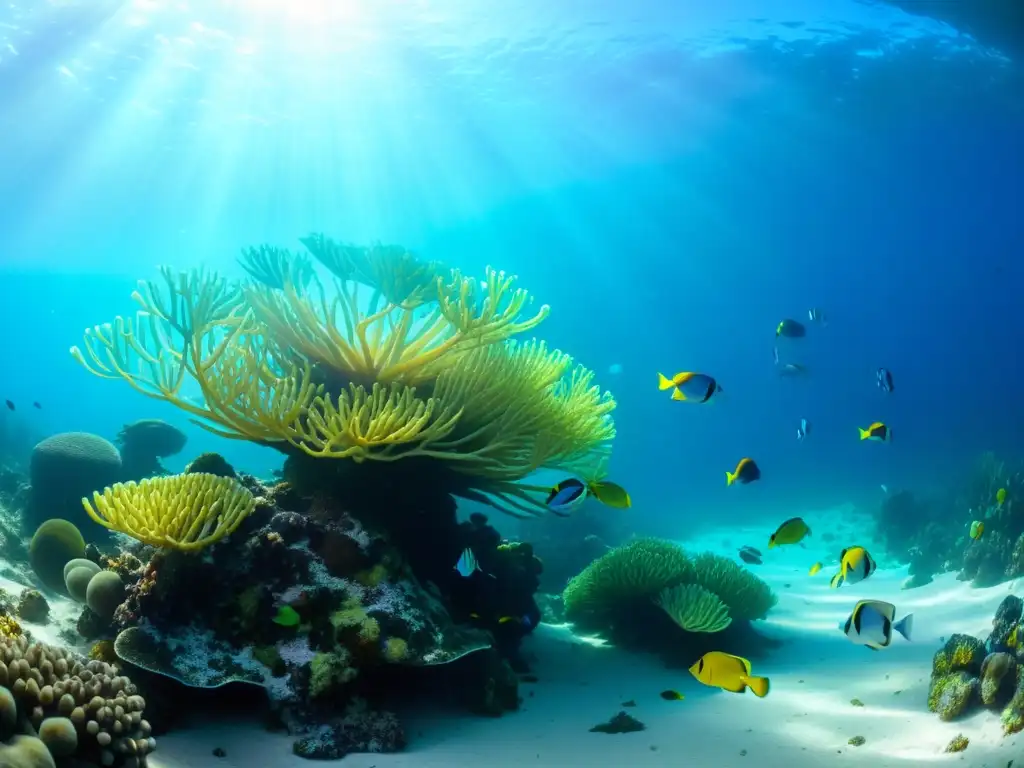 Un vibrante arrecife de coral lleno de vida marina, con peces coloridos, anémonas y algas ondulantes