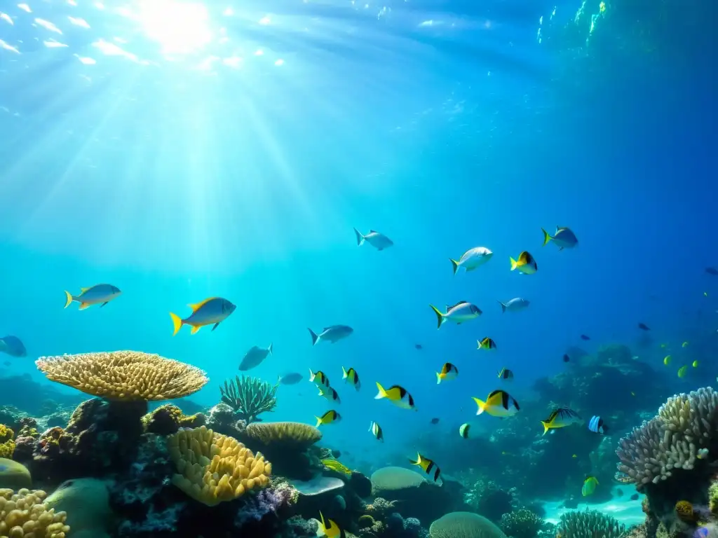 Un vibrante arrecife de coral lleno de peces coloridos y una tortuga marina nadando entre anémonas