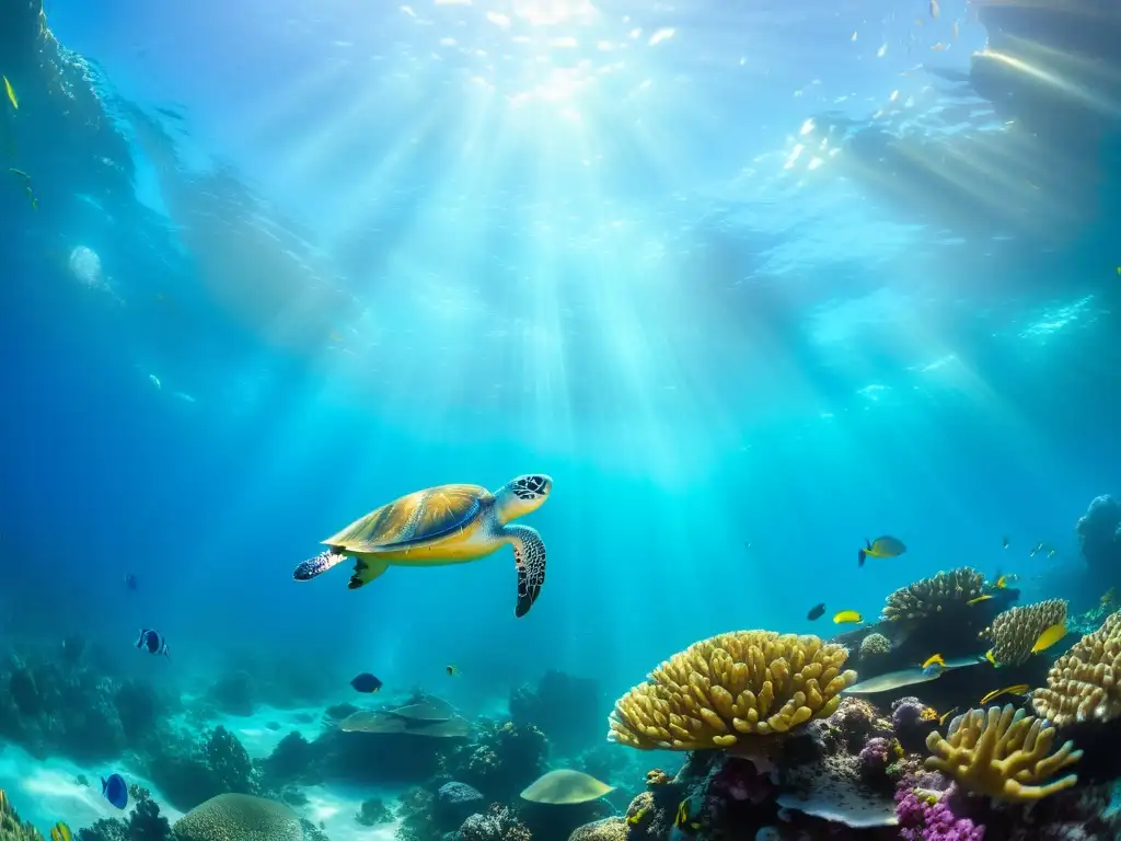 Un vibrante arrecife de coral lleno de vida marina, con peces coloridos y una tortuga nadando