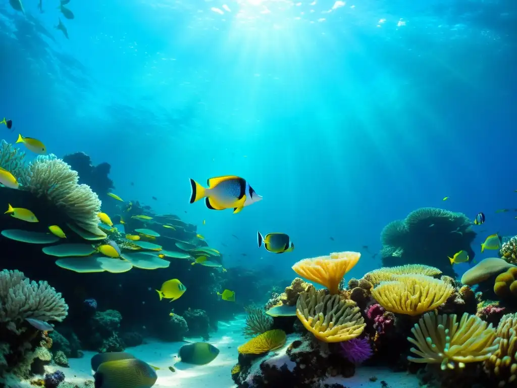 Un vibrante arrecife de coral lleno de vida marina diversa, con peces coloridos, plantas marinas ondeantes y anémonas marinas intrincadamente patrones