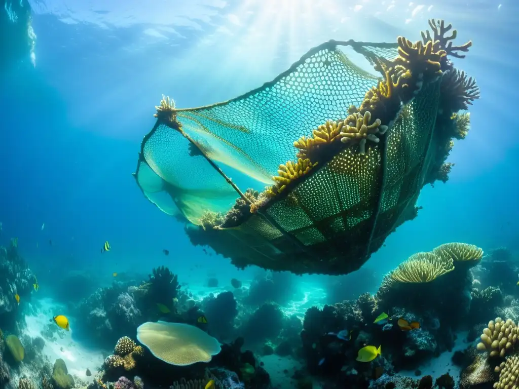 Un vibrante arrecife de coral lleno de vida marina, impacto de las redes fantasma