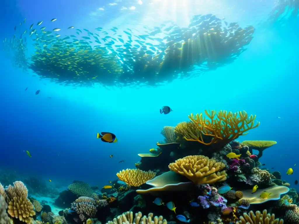 Un vibrante arrecife de coral lleno de vida marina y plantas marinas, mostrando la importancia del Proyecto descontaminación sedimentos marinos