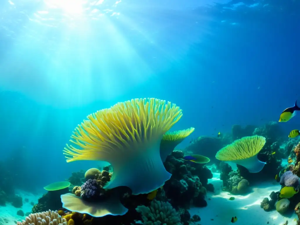 Un vibrante arrecife de coral lleno de vida marina, aguas cristalinas y luz solar