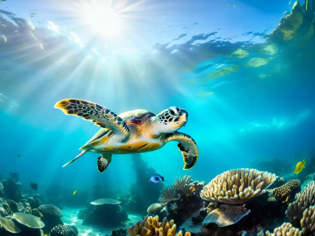 Arrecife de coral vibrante: vida marina y tortuga majestuosa Un vibrante arrecife de coral lleno de vida marina, incluyendo peces tropicales y una majestuosa tortuga marina