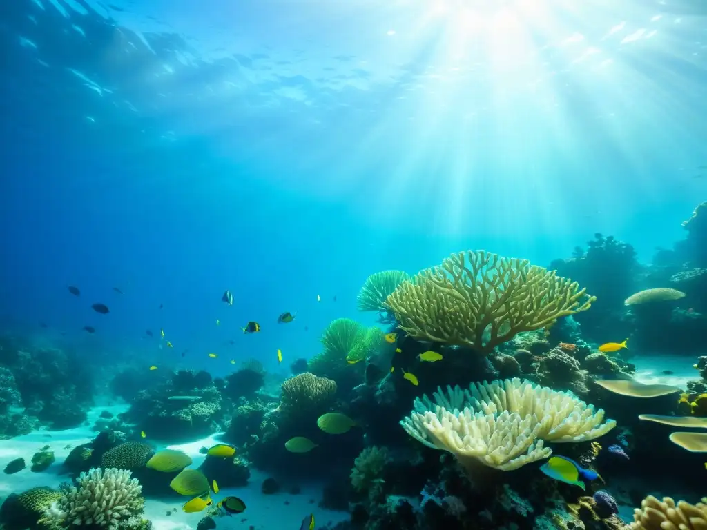 Un vibrante arrecife de coral lleno de vida bajo el agua, con la luz solar filtrándose y creando patrones hipnóticos en el suelo del océano