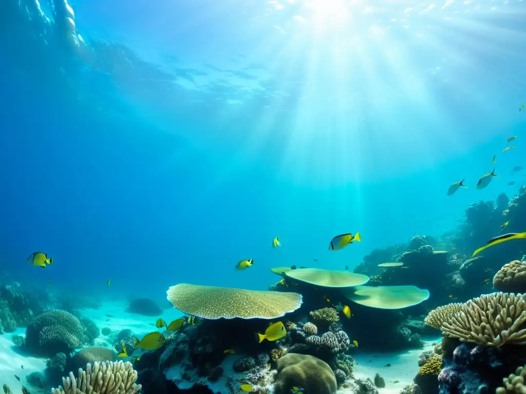 Un vibrante arrecife de coral lleno de vida marina, con peces coloridos, tortugas marinas y plantas ondulantes