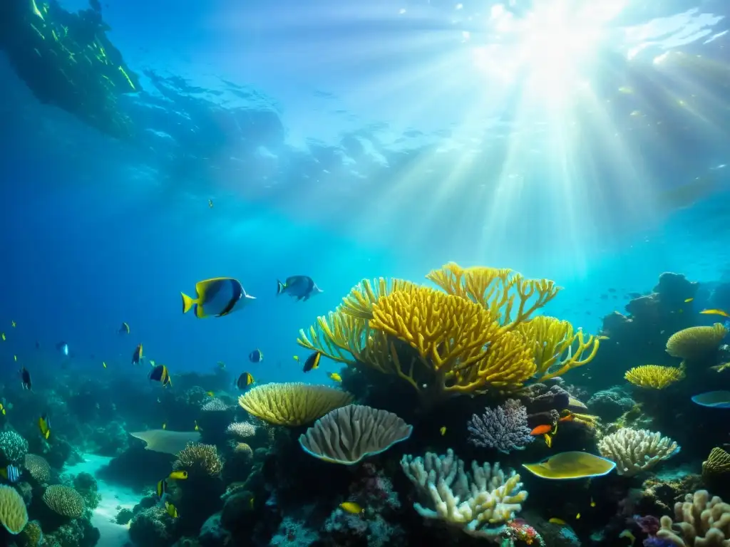 Un vibrante arrecife de coral lleno de vida marina, con peces coloridos y plantas marinas ondeando al ritmo del agua