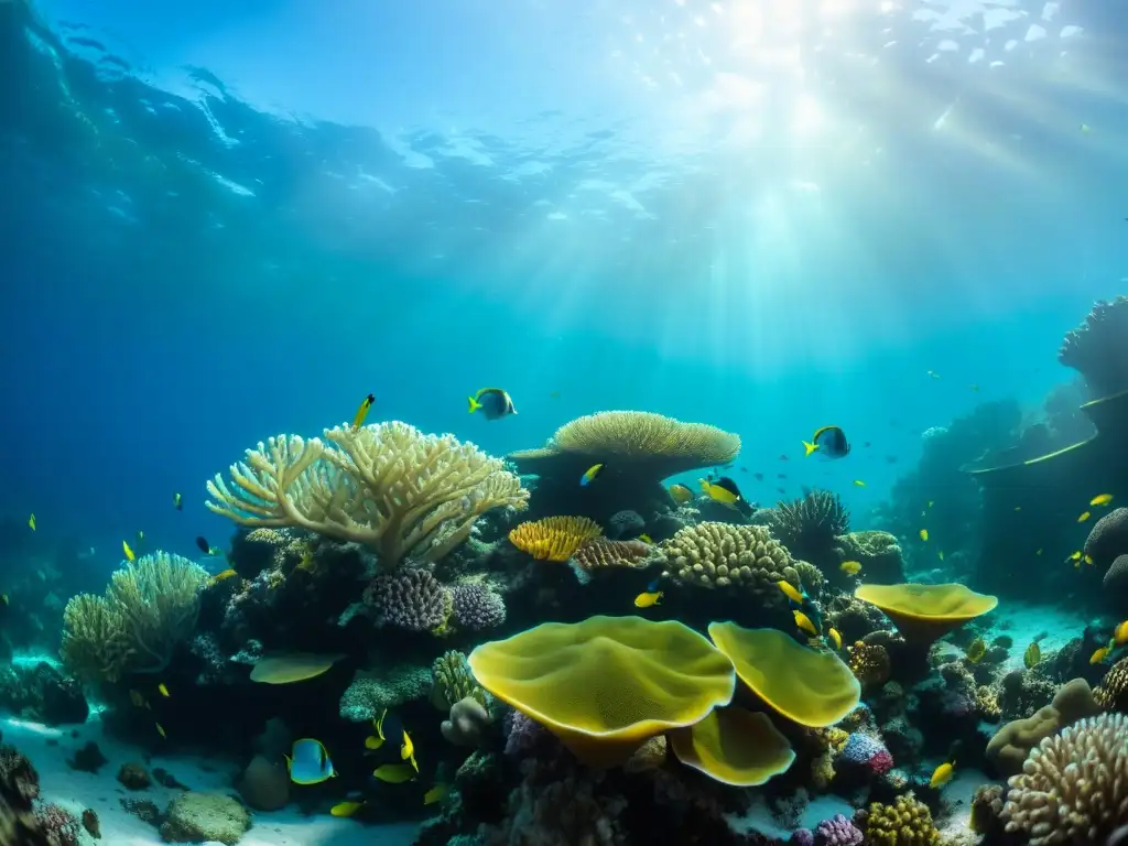 Vibrante arrecife de coral lleno de vida marina bajo el agua cristalina, destacando un ecosistema dinámico