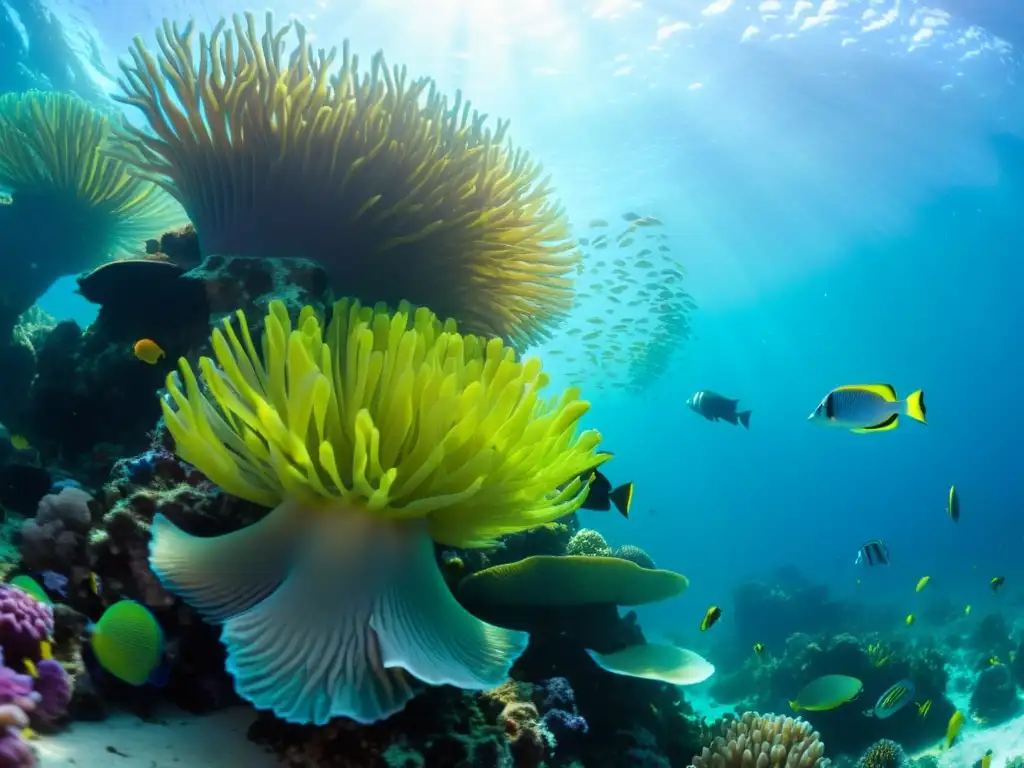 Un vibrante arrecife de coral lleno de vida marina oceánica, con peces coloridos, anémonas y formaciones de coral