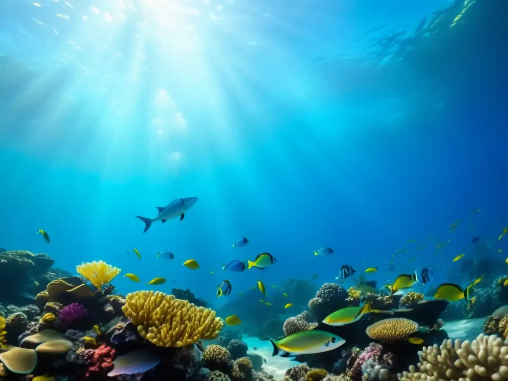 Un vibrante arrecife de coral lleno de peces coloridos y plantas marinas, con agua azul clara y luz solar que filtra desde la superficie, creando una escena submarina hipnotizante en un estudio acústica comunicación submarina