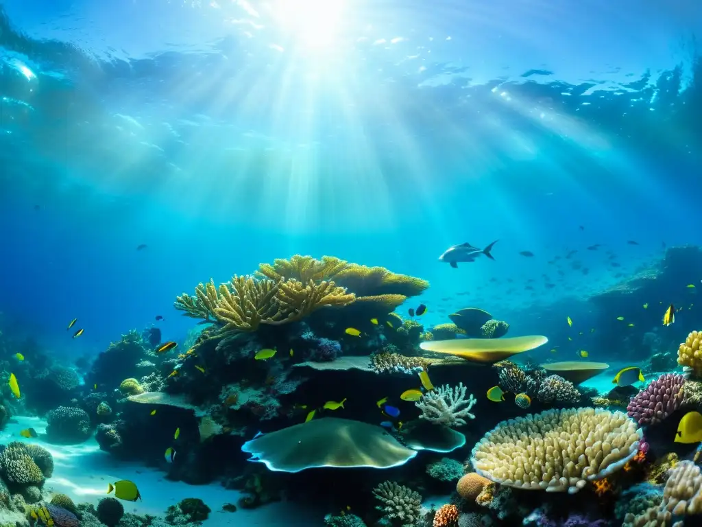 Un vibrante arrecife de coral lleno de vida marina y aguas cristalinas, con rayos de sol que crean una exhibición de colores y texturas