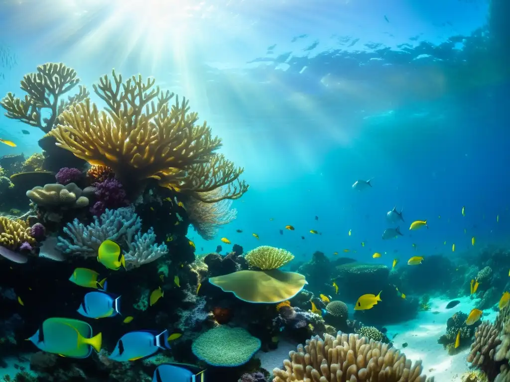 Un vibrante arrecife de coral lleno de vida marina y plantas marinas, iluminado por el sol