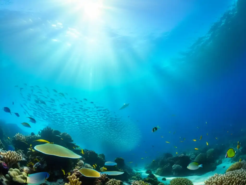 Un vibrante arrecife de coral lleno de vida marina, con peces tropicales de colores brillantes y patrones de luz solar en el fondo del mar