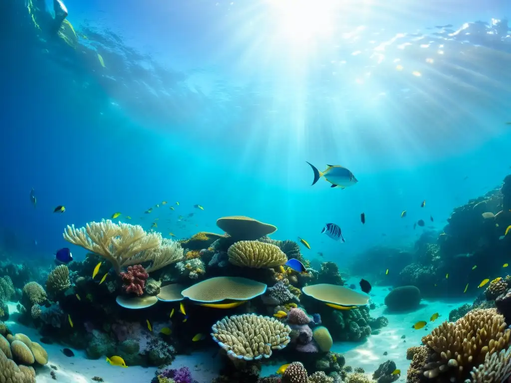 Un vibrante arrecife de coral lleno de vida marina, técnicas de supervivencia para fotógrafos submarinos