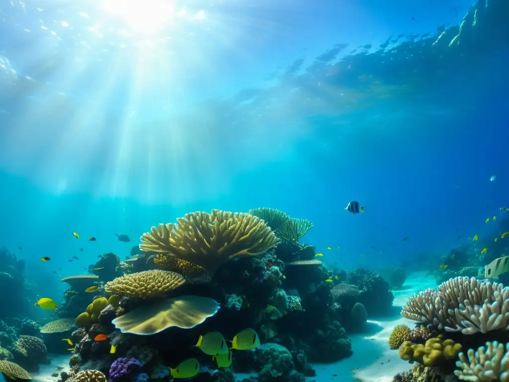 Un vibrante arrecife de coral, lleno de vida marina, escuelas de peces tropicales, plantas marinas y tortugas marinas