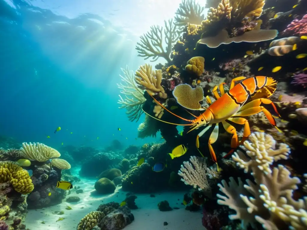 Un vibrante arrecife de coral lleno de vida marina, con langostas y cangrejos, en aguas cristalinas