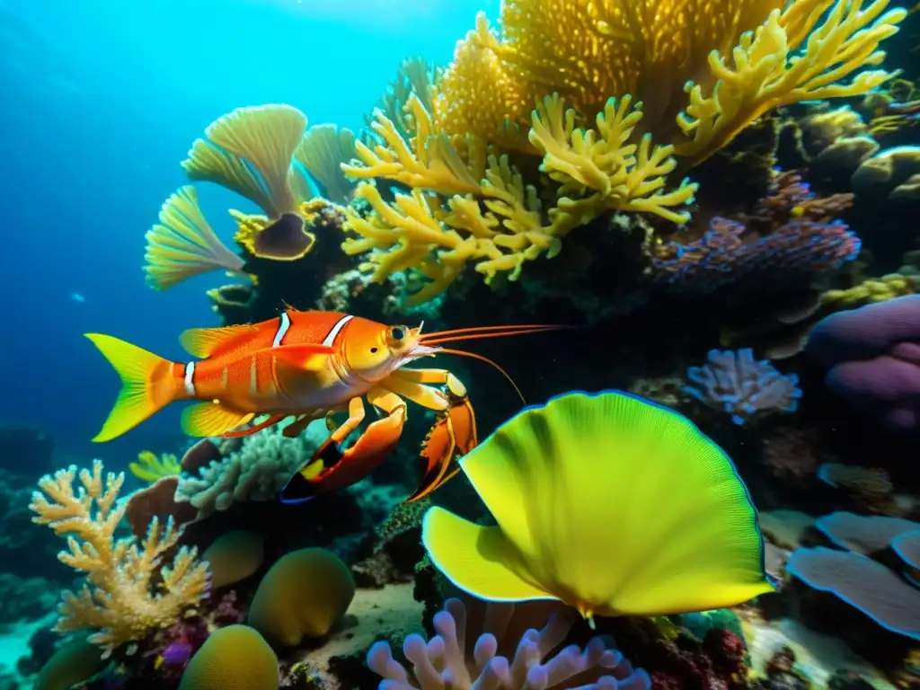 Un vibrante arrecife de coral lleno de vida marina, destacando langostas y cangrejos sostenibles