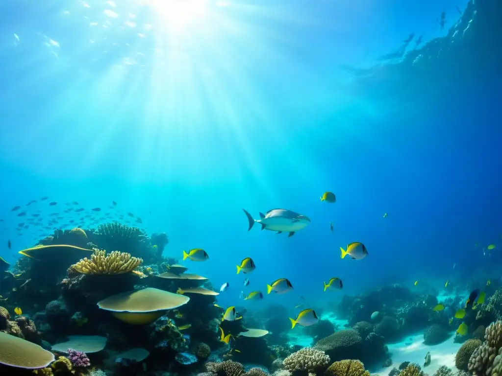 Un vibrante arrecife de coral lleno de vida marina colorida y exótica bajo el agua, capturando la belleza de la biodiversidad marina