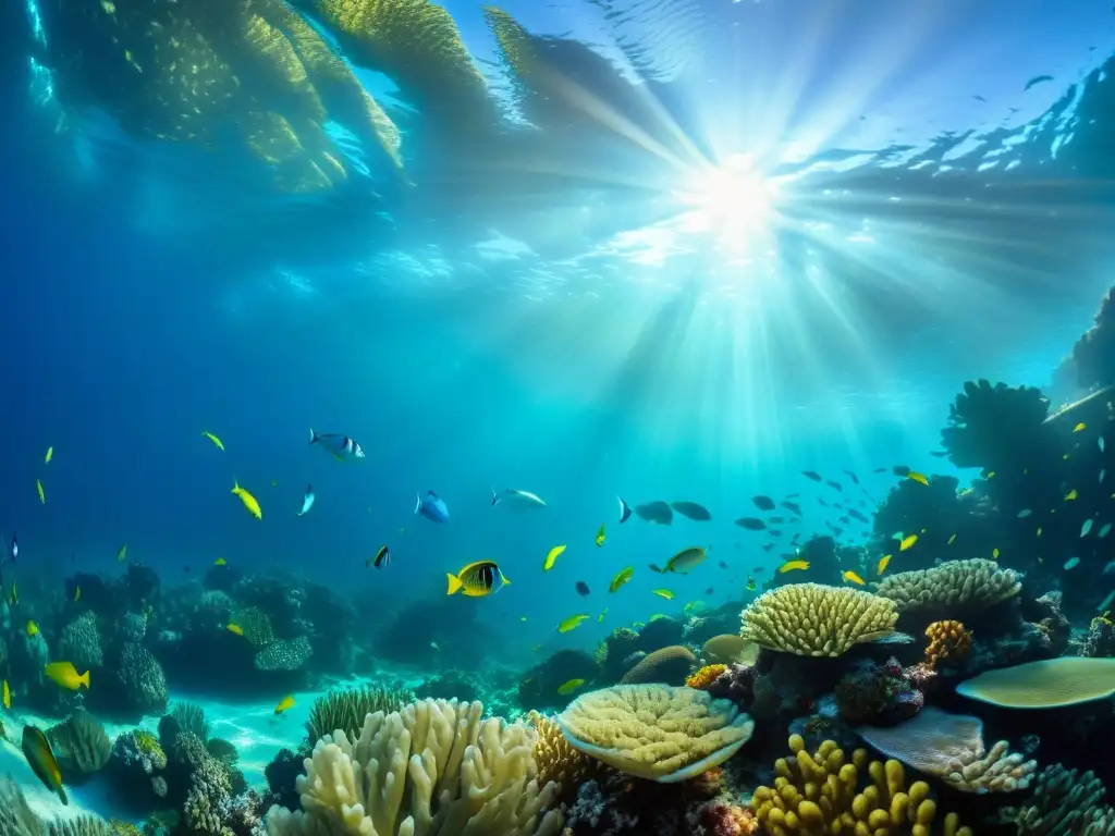 Un vibrante arrecife de coral lleno de vida marina, con peces coloridos, algas ondeantes y formaciones de coral