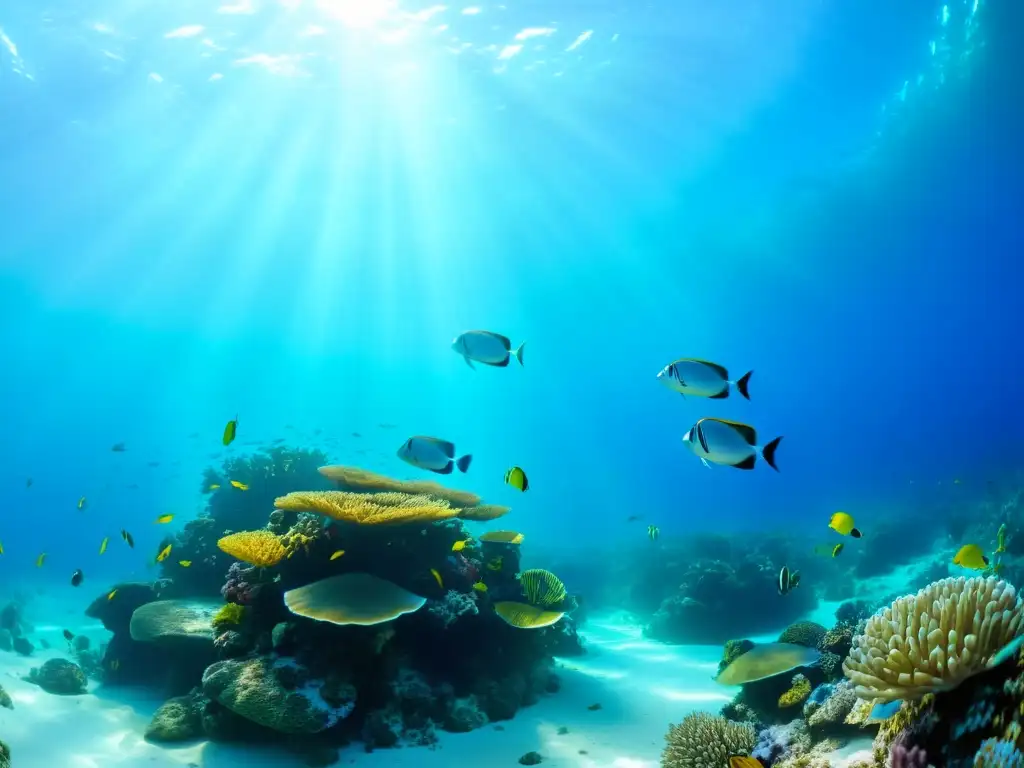 Un vibrante arrecife de coral lleno de vida marina, con peces tropicales, tortugas marinas y anémonas, bajo la luz del sol