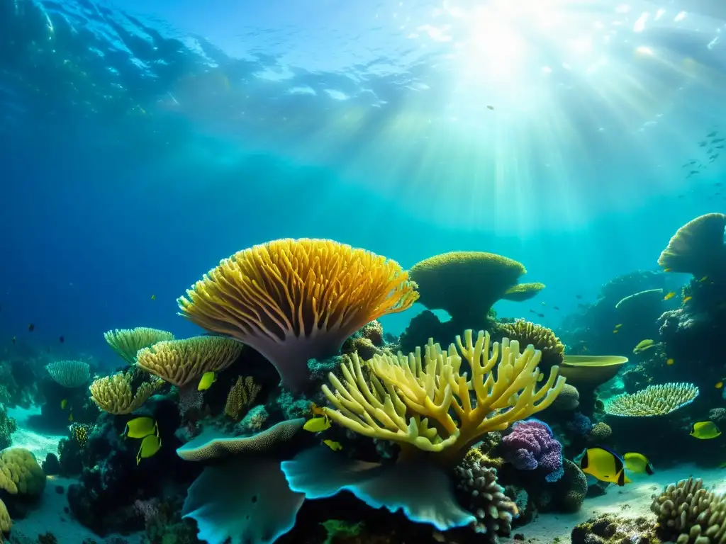 Un vibrante arrecife de coral, lleno de vida marina y plantas marinas, bajo el agua cristalina