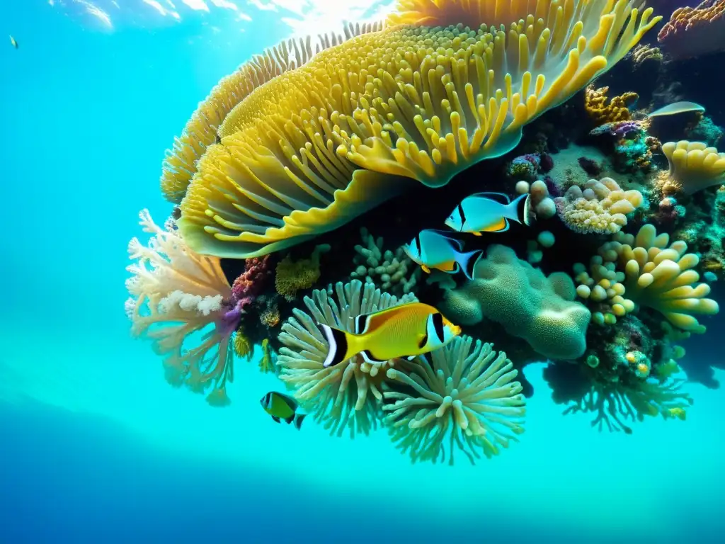 Un vibrante arrecife de coral lleno de vida marina, bañado por la cálida luz del sol