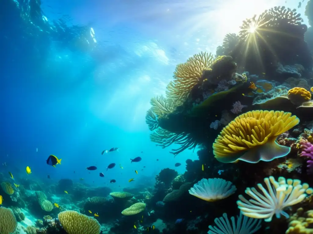 Un vibrante arrecife de coral lleno de vida marina, con peces de colores entre anémonas y abanicos marinos