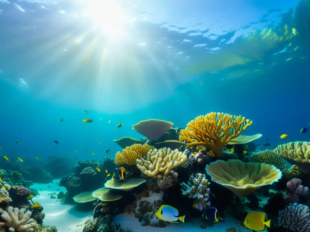 Vibrante arrecife de coral con longevidad de los corales antiguos, peces coloridos y luz dorada