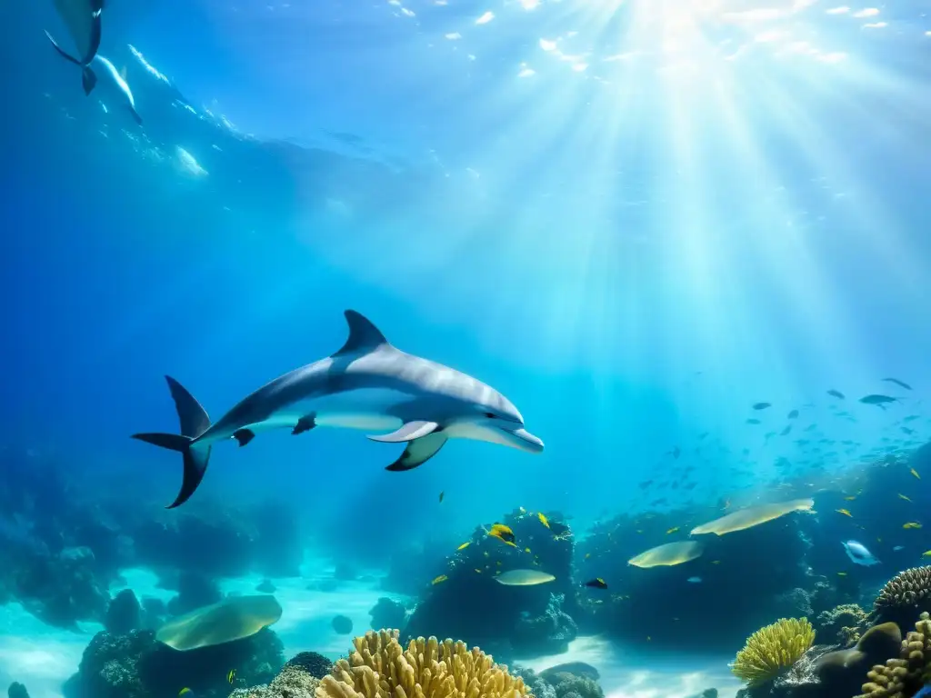 Vibrante arrecife de coral con mamíferos marinos nadando libremente en un ecosistema colorido