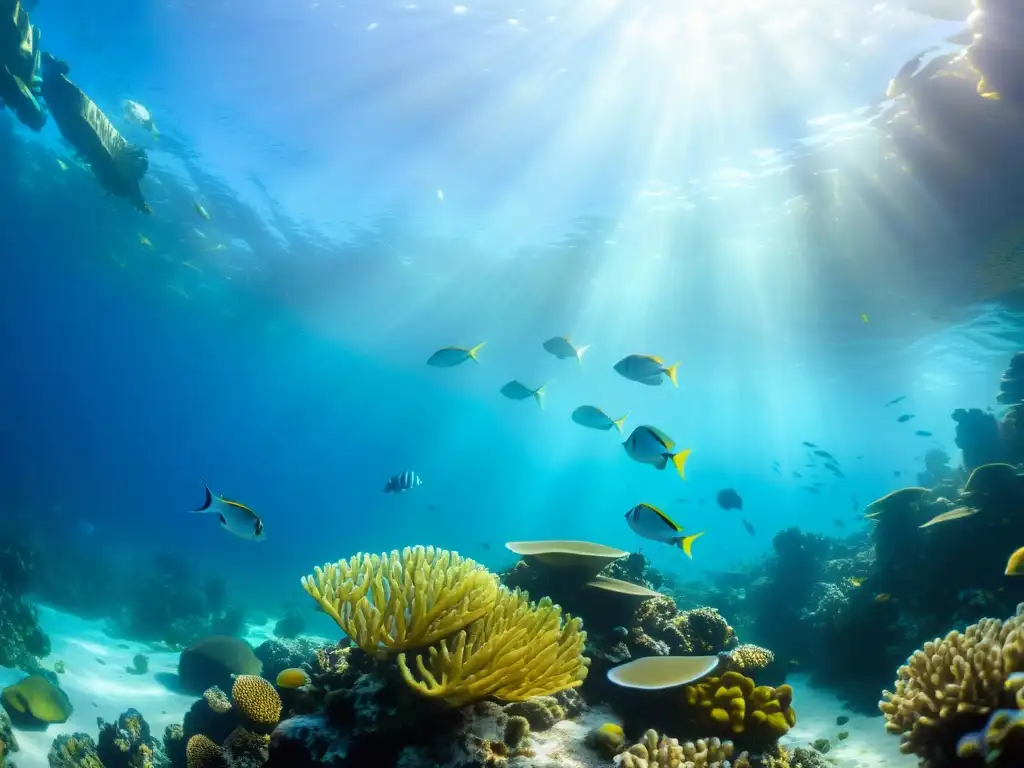 Vibrante arrecife de coral bajo el mar, muestra impacto del mercurio en los océanos, con peces coloridos y plantas marinas ondulantes