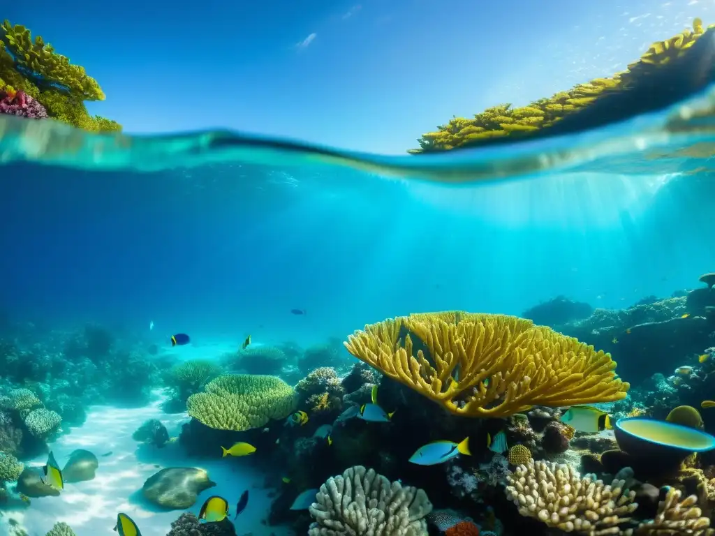 Vibrante arrecife de coral cerca del mar en los mejores ecoresorts, con peces coloridos y plantas marinas en aguas claras y azules