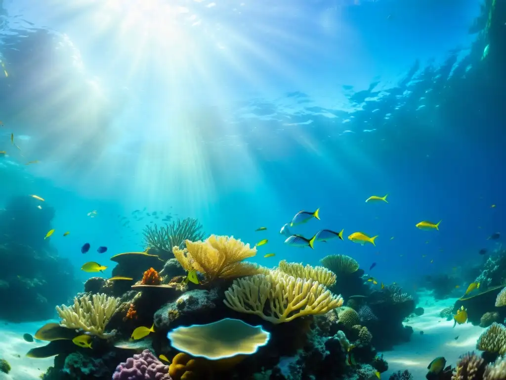 Vibrante arrecife de coral bajo el mar, lleno de vida marina y plantas acuáticas, iluminado por rayos de sol