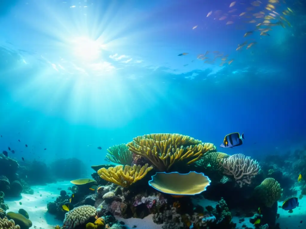 Vibrante arrecife de coral, vida marina y rayos de sol crean paisaje submarino cautivador