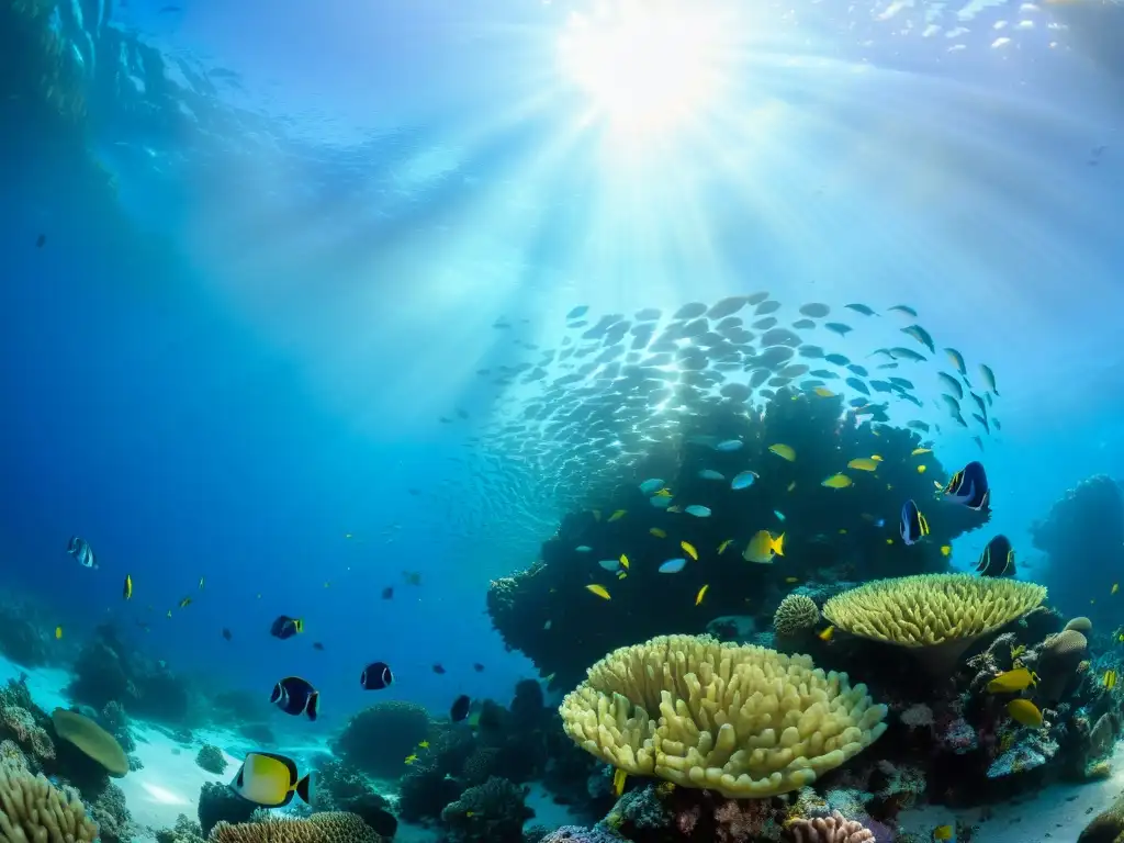 Vibrante arrecife de coral con biodiversidad marina, bañado por cálido sol