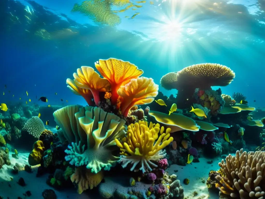 Vibrante arrecife de coral con esponjas marinas exfoliantes, bañado por la cálida luz del sol