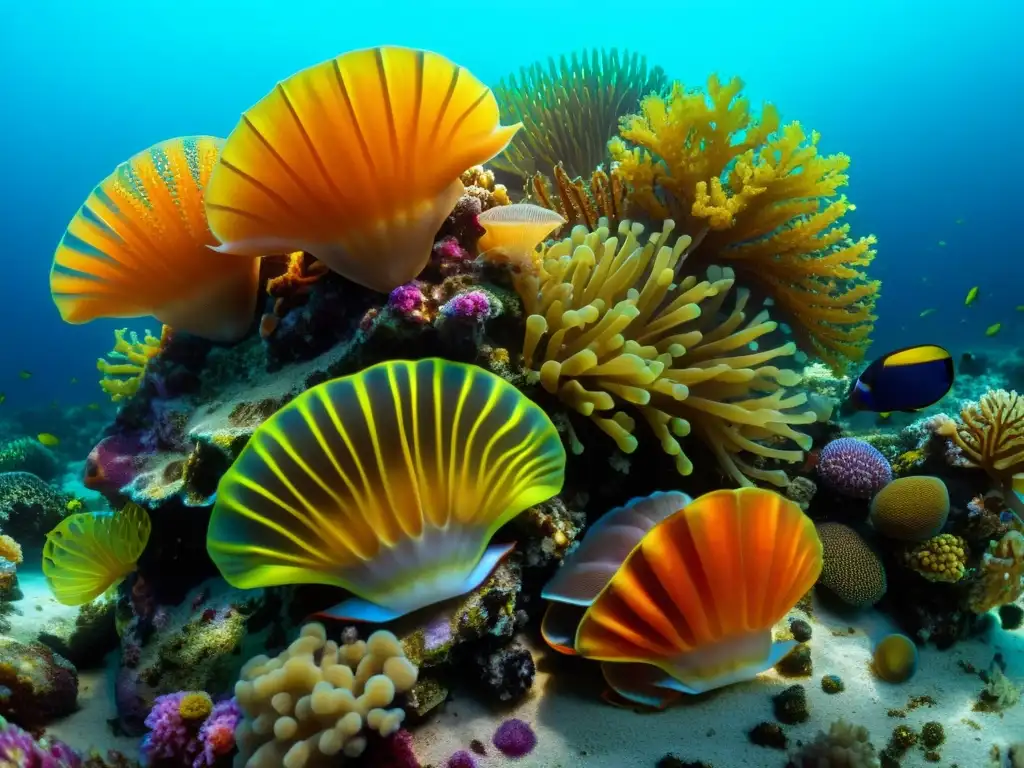 Vibrante arrecife de coral con crustáceos marinos: hermitaños, camarones y langostas