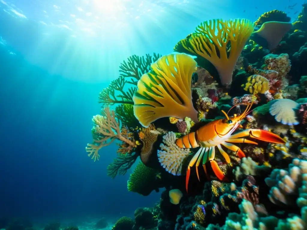 Un vibrante arrecife de coral con mariscos sostenibles en cocina internacional, bañado por la luz del sol en el fondo del océano