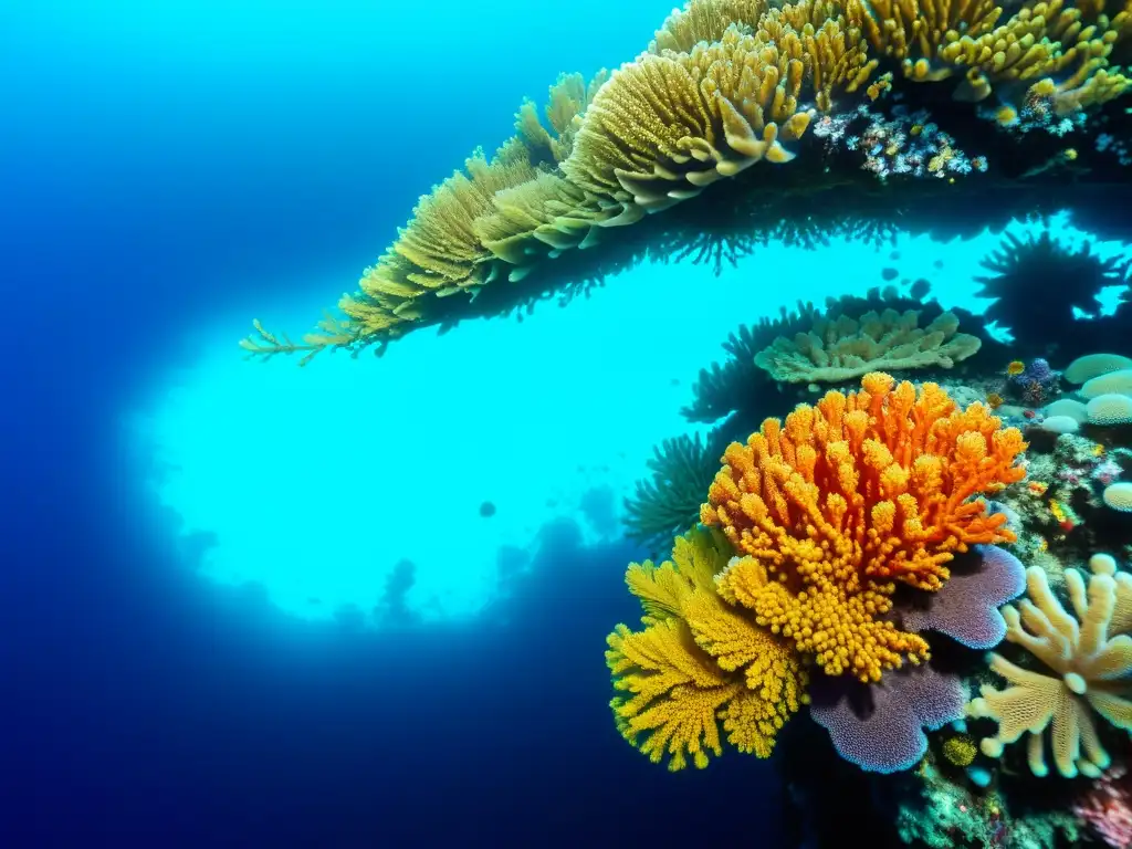 Vibrante arrecife de coral con microorganismos marinos extremófilos en el agua cristalina del océano