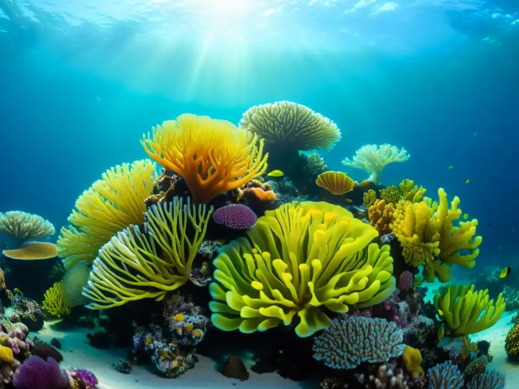 Vibrante arrecife de coral con microorganismos marinos, plantas marinas y vida submarina en un mundo acuático de biodiversidad y biorremediación