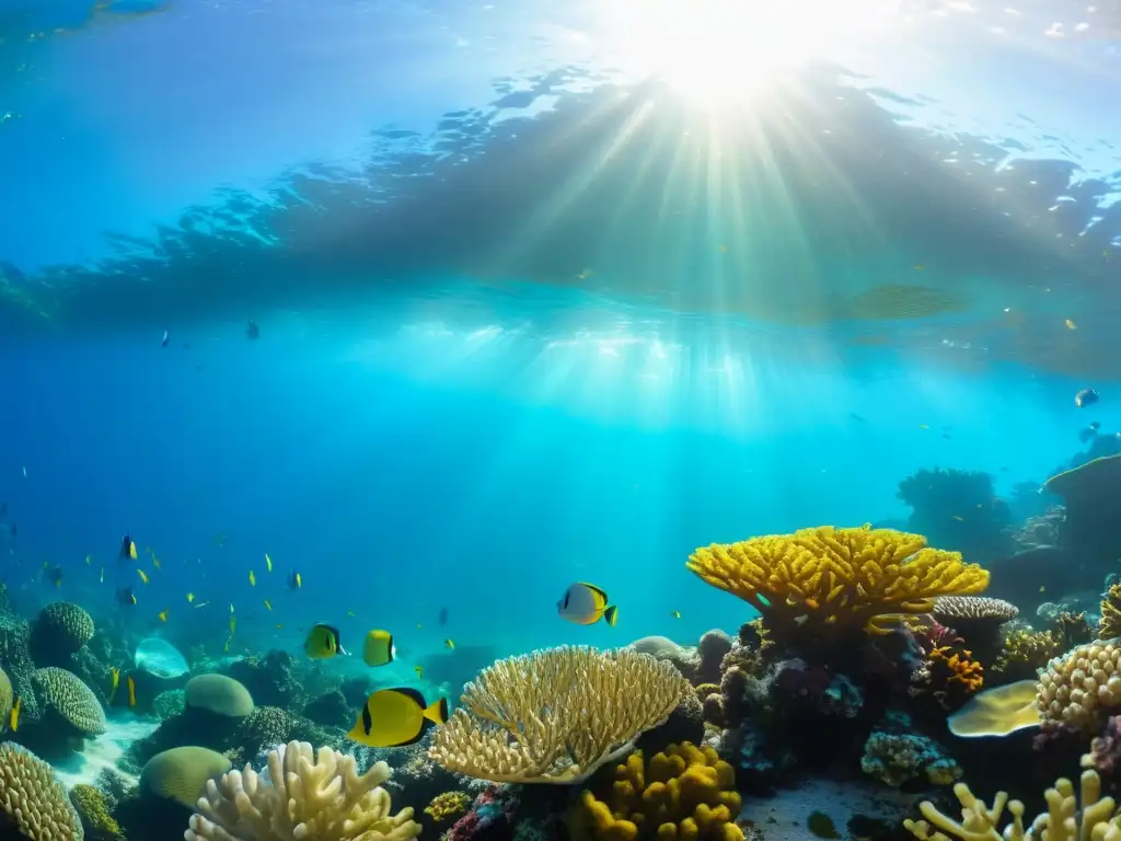 Vibrante arrecife de coral con microorganismos marinos luchando contra la acidificación oceánica, bañados por la cálida luz del sol