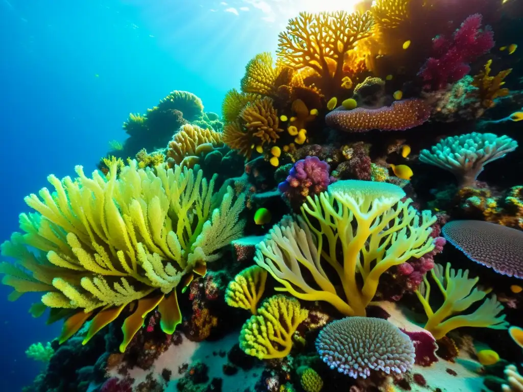 Vibrante arrecife de coral con microorganismos marinos medicina moderna, bañados por la luz del sol en aguas cristalinas