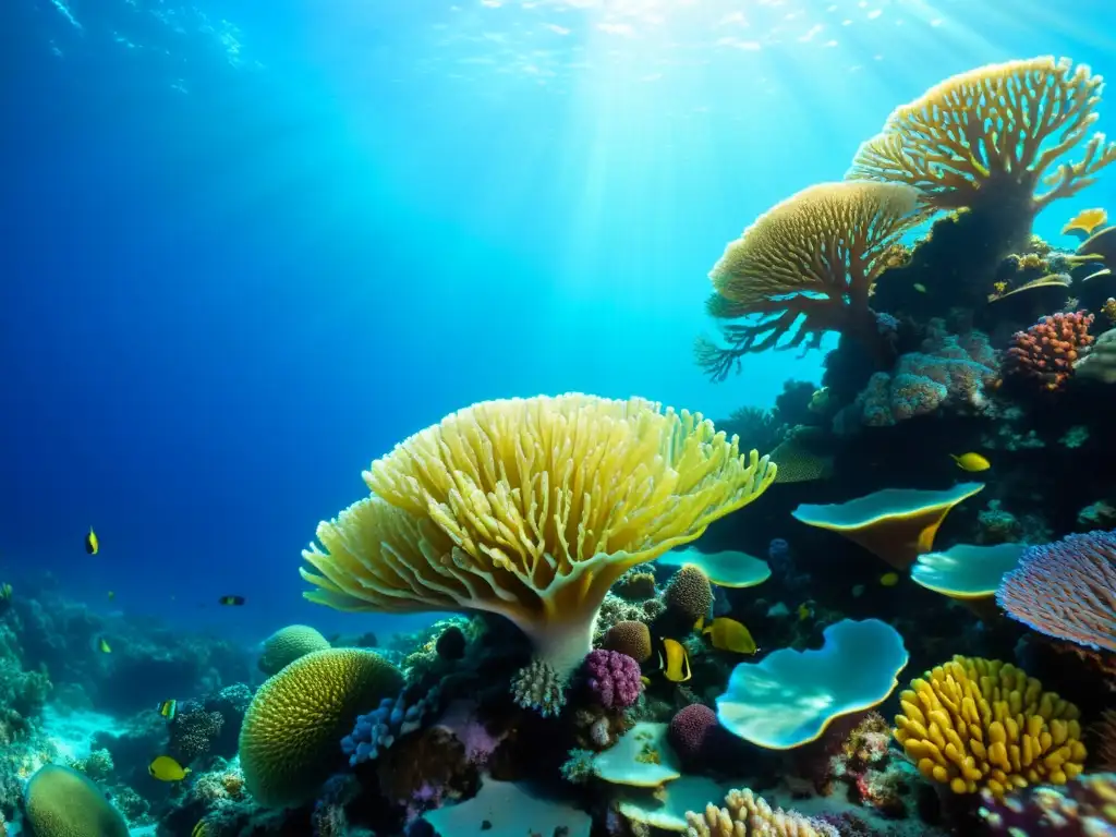 Vibrante arrecife de coral con microorganismos marinos en un océano azul claro, creando una escena submarina fascinante