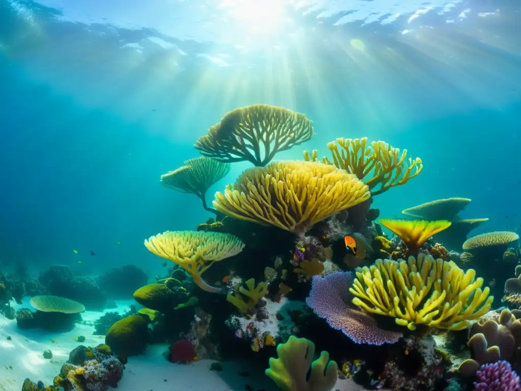 Vibrante arrecife de coral con minerales marinos poder curativo piel, vida marina y aguas cristalinas bajo la luz del sol